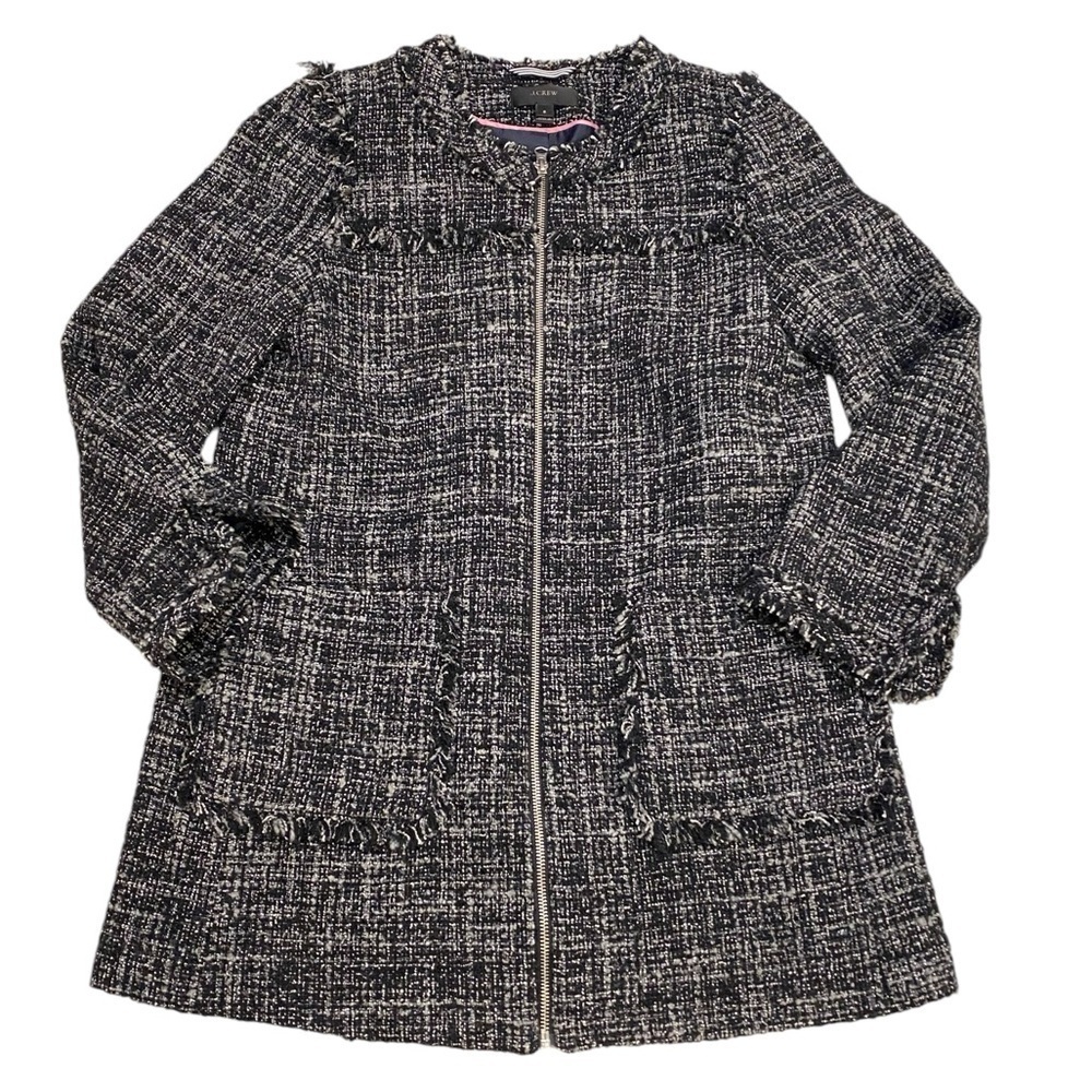 J.Crew Tweed Jacket Size 6 Black White Fringe Full Zip